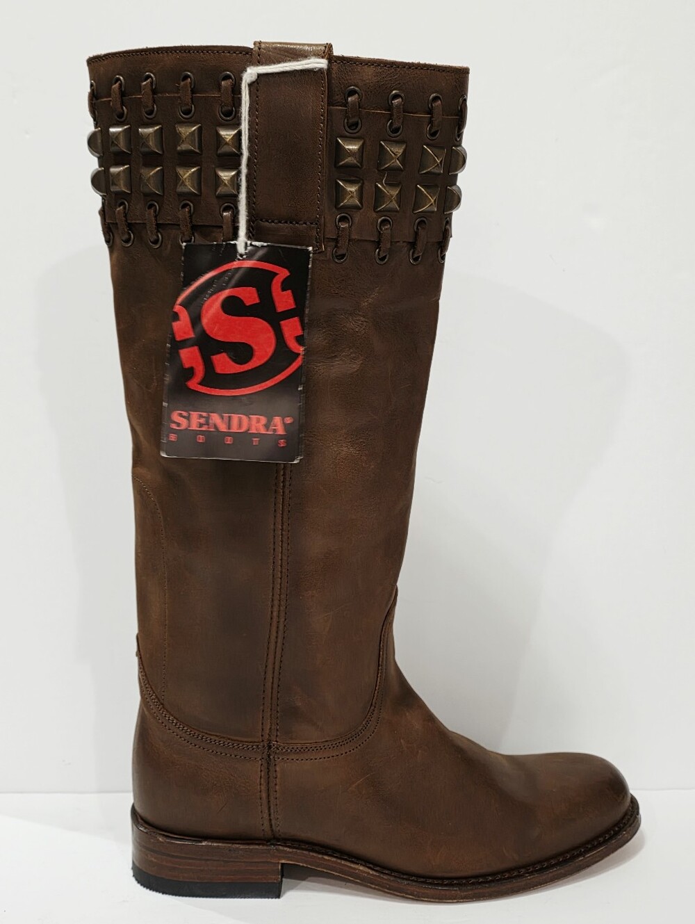 Sendra 9177 Studded Lace Brown Leather Boot High Knee Riding Biker Women 7 New